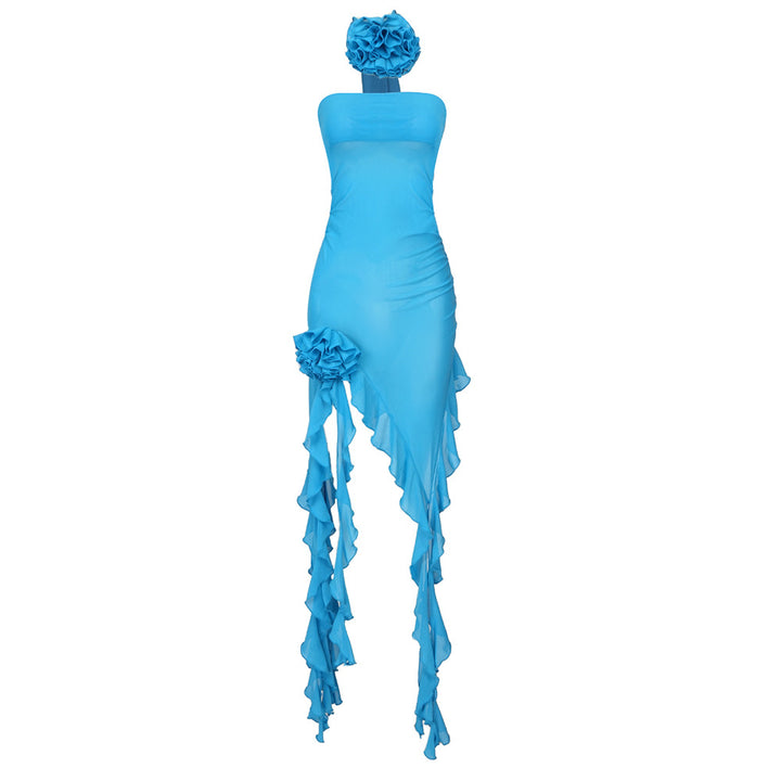 Damen Raffiniertes Maxi-Kleid mit asymmetrischem Rock und floralen Applikationen Drune