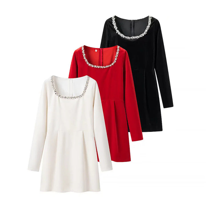Damen nan elegantes Minikleid mit quadratischem Ausschnitt und Kristallbesatz Drune