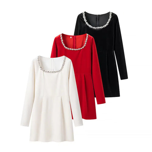 Damen nan elegantes Minikleid mit quadratischem Ausschnitt und Kristallbesatz Drune