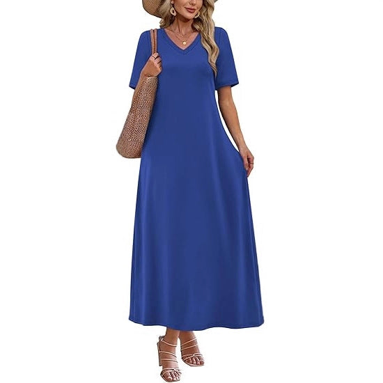 Damen Langes A-Linien-Maxikleid mit V-Ausschnitt, Kurzarm und Eingrifftaschen Drune
