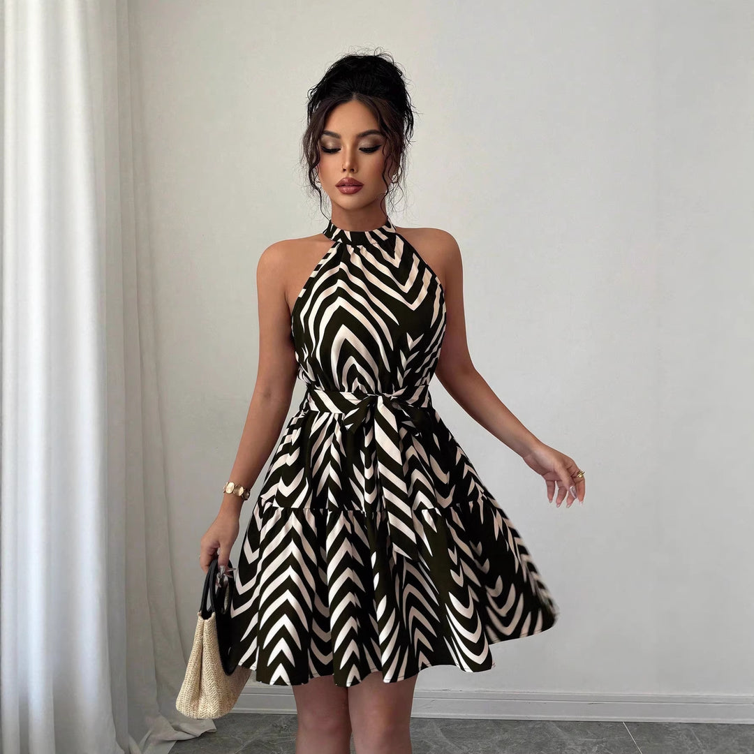 Damen Gestuftes Chiffon‑Sommerkleid mit Neckholder, Taillengürtel und grafischem Print Drune