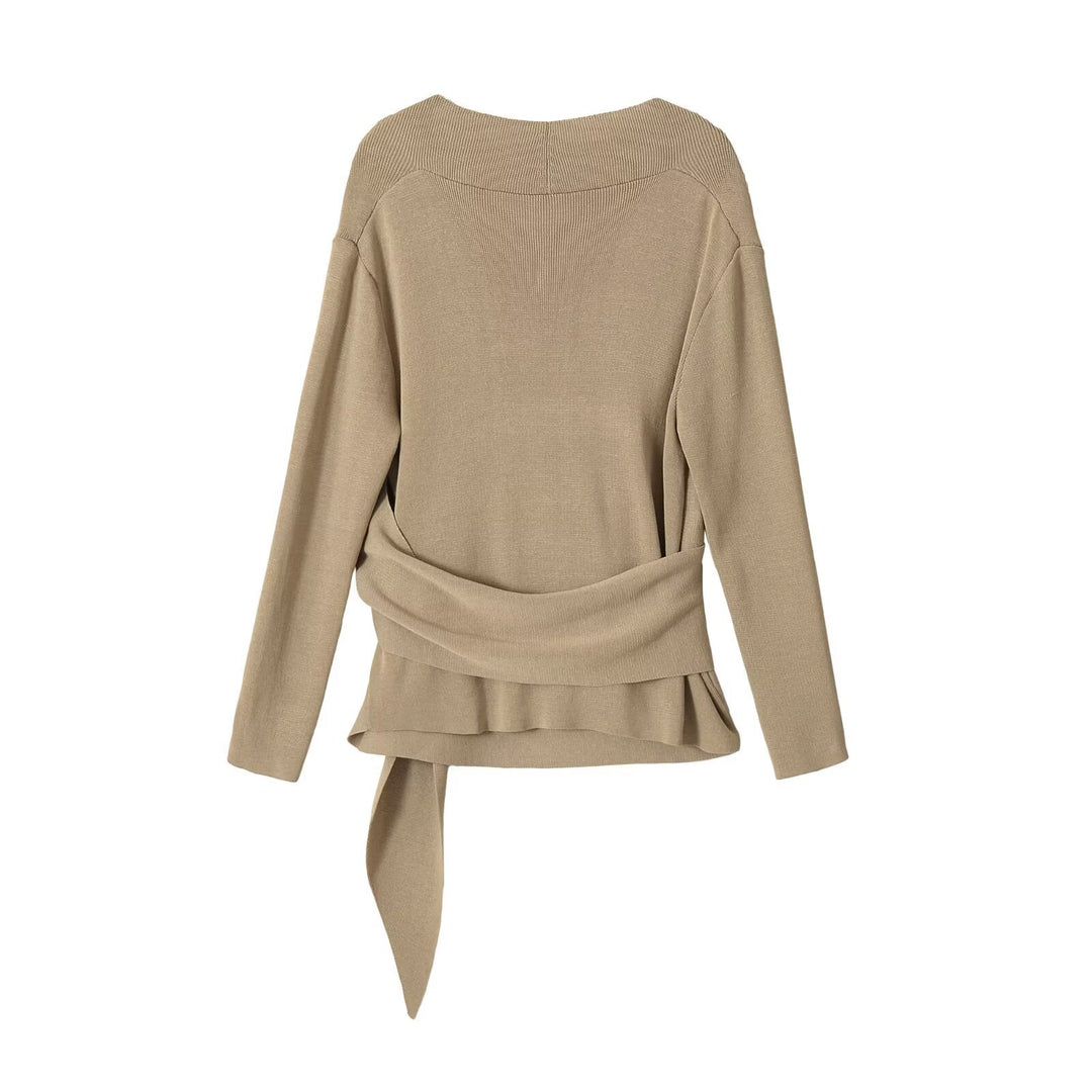 Damen Wickel-Strickpullover mit V‑Ausschnitt und Ziergürtel Drune