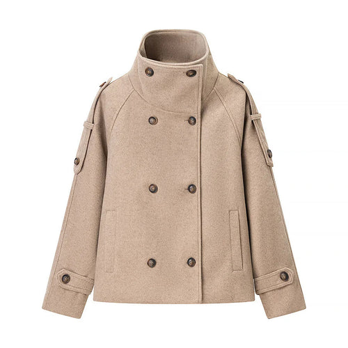 Damen nan kurzes zweireihiges Wollmix-Cape mit hohem Stehkragen und Epauletten Drune