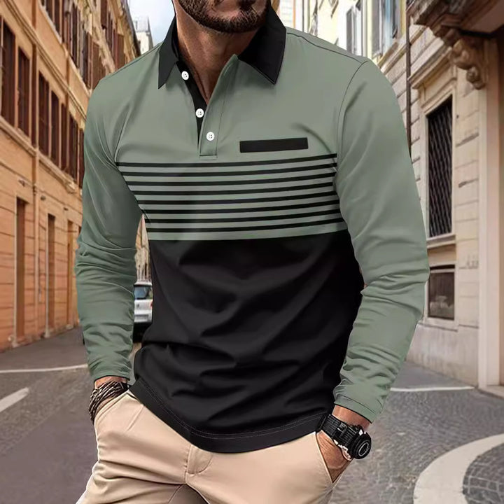 Herren nan langärmliges Poloshirt mit kontrastierendem Hemdkragen, dezenter Brustpaspel und feinem Streifenrelief Drune