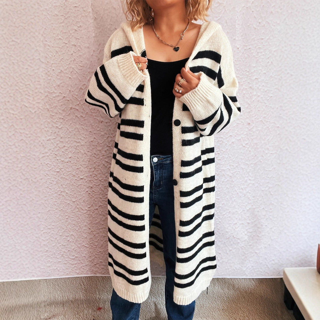 Damen gemütlicher Strickcardigan mit modischem Streifenmuster und Kapuze Drune