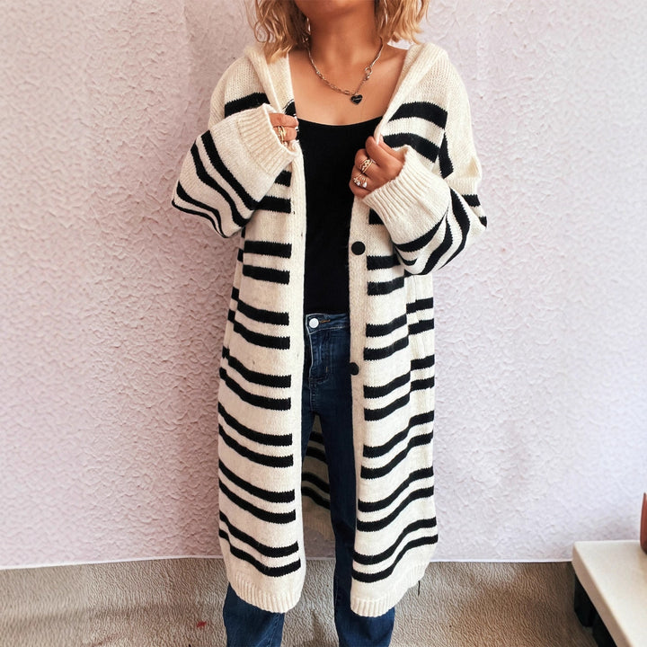 Damen gemütlicher Strickcardigan mit modischem Streifenmuster und Kapuze Drune