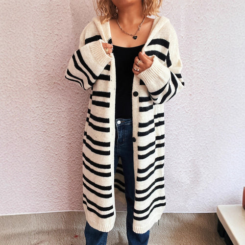Damen gemütlicher Strickcardigan mit hochgeschlossenem Kragen und modischem Streifenmuster Drune