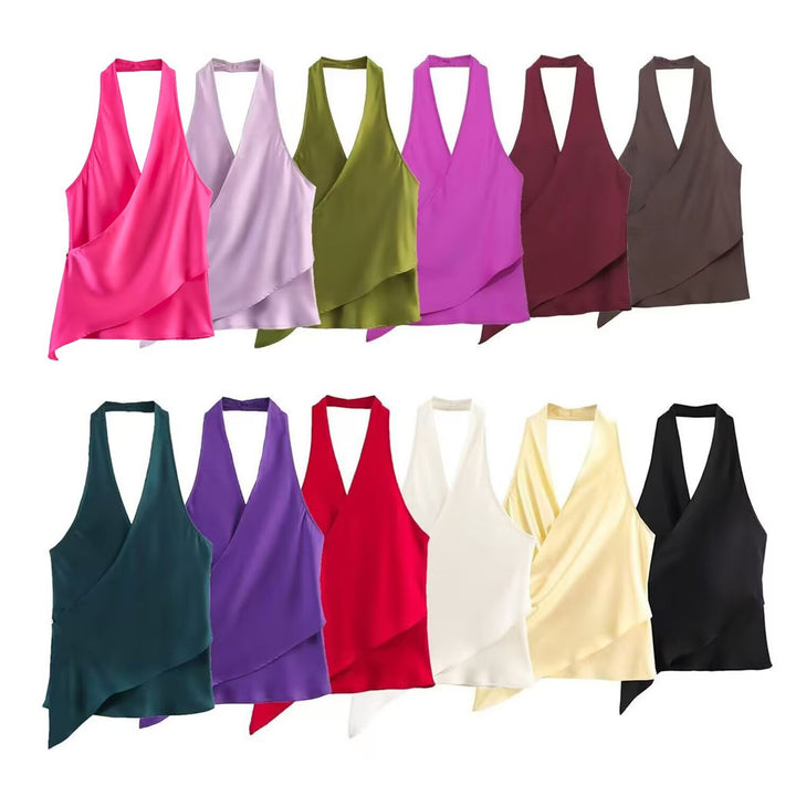Damen elegantes Haltertop mit asymmetrischem Schnitt und schimmerndem Satinfinish Drune