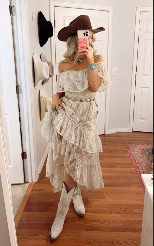 Damen Boho-Rüschenkleid mit schulterfreiem Design und fließendem Stoff Drune