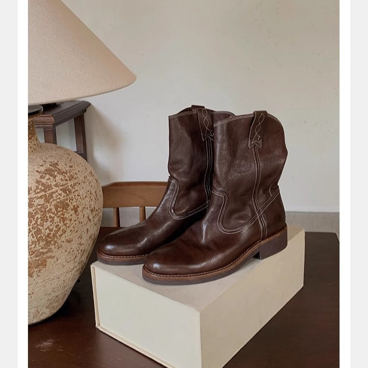 Damen Mid‑Calf Slouch Western‑Stiefel aus Glattleder mit Zuglaschen und profilierter Laufsohle Drune