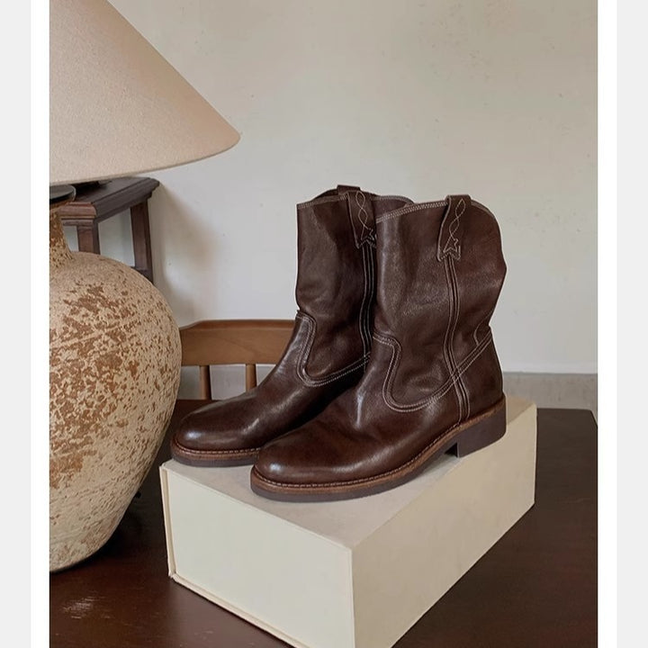 Damen Mid‑Calf Slouch Western‑Stiefel aus Glattleder mit Zuglaschen und profilierter Laufsohle Drune