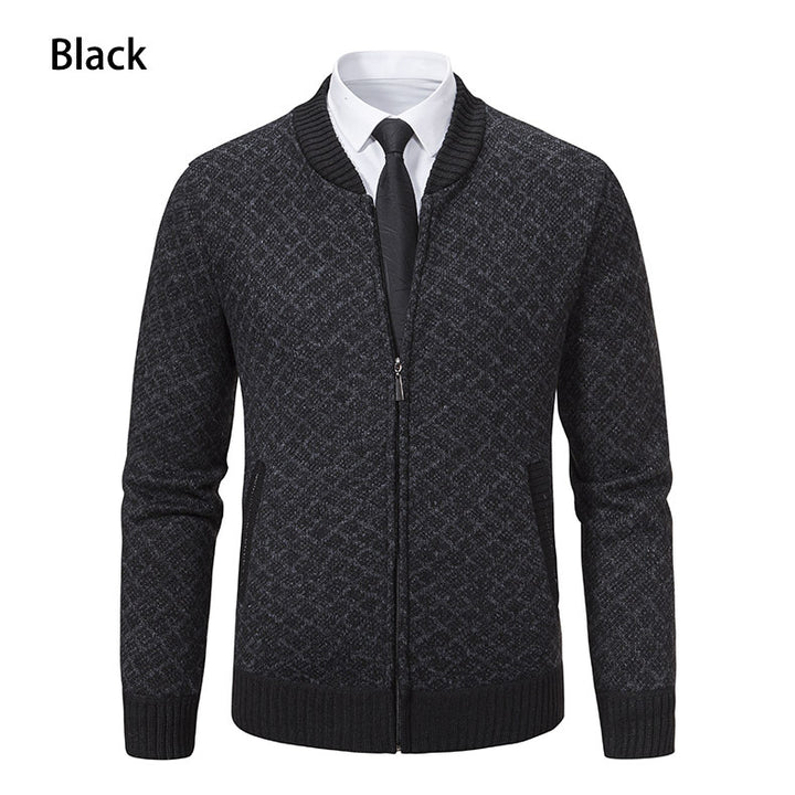 Herren Strick-Zipjacke mit feinem Jacquard‑Muster, durchgehendem Reißverschluss und geripptem Saum Drune