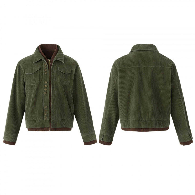 Herren Kastenförmige Cord-Blousonjacke mit doppelter Front, Pattentaschen und geripptem Saum Drune