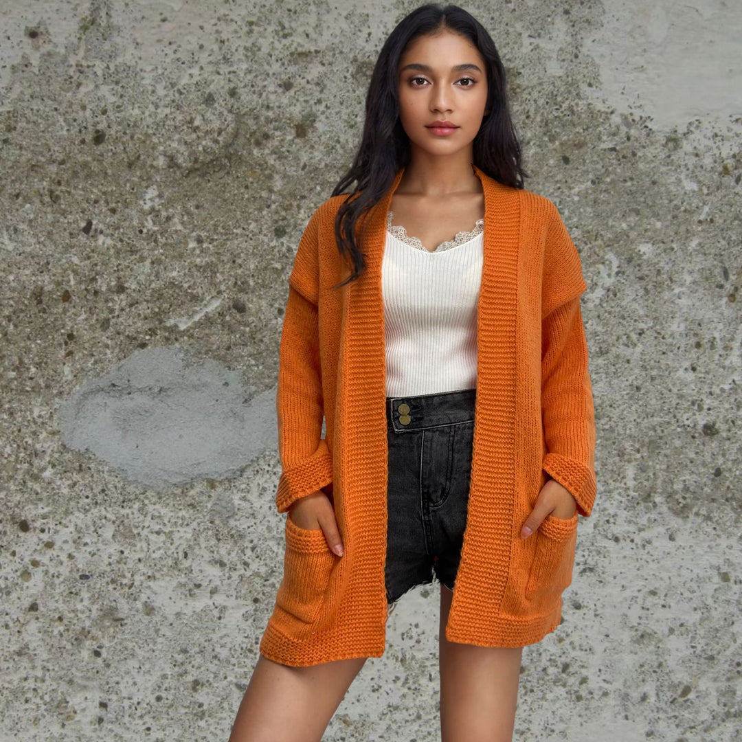 Damen Grobstrickcardigan mit lässigen Taschen und offener Silhouette Drune