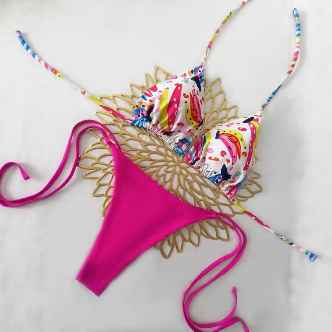 Damen Bikini-Set mit buntem Obstmuster und seitlichem Knoten Drune