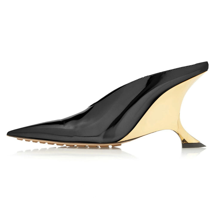Damen Spitzzehen Metallic Wedge Mules mit skulpturiertem Absatz Drune