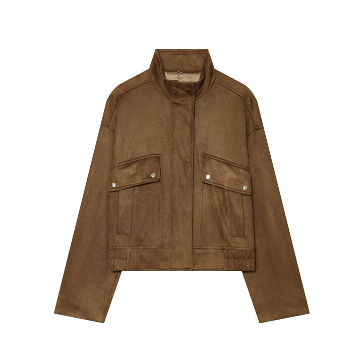 Damen Kurze Boxy‑Suede‑Jacke mit Stehkragen und aufgesetzten Pattentaschen Drune