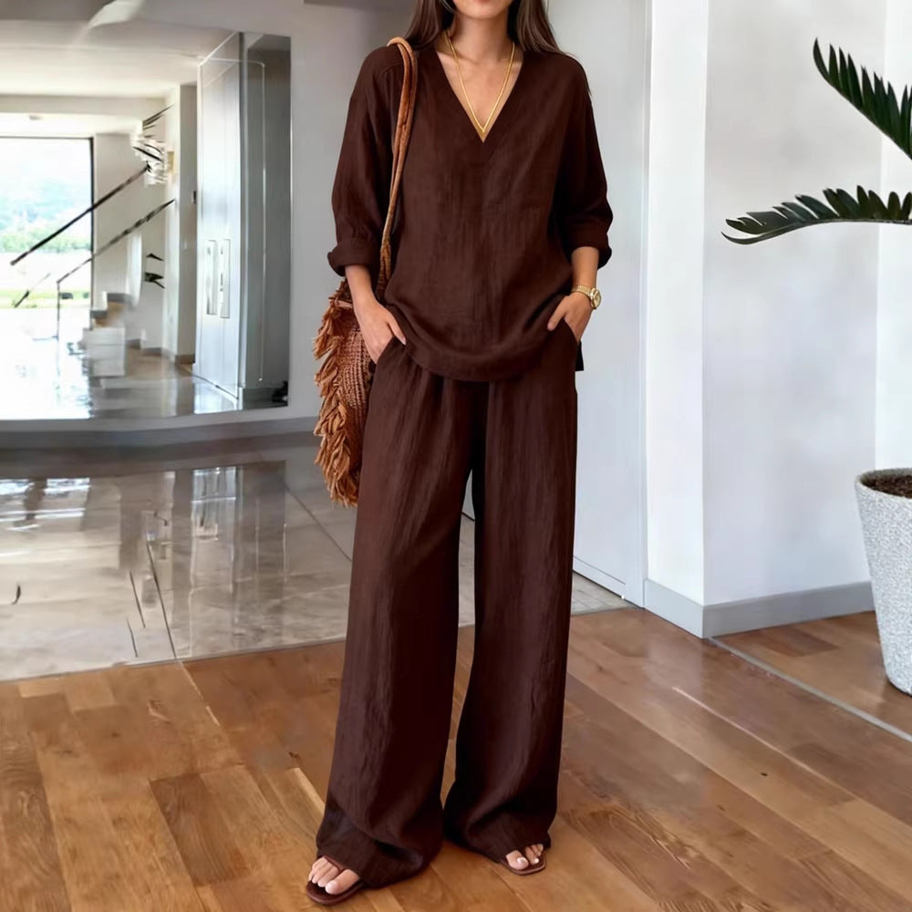 Damen Leichte Sommerhose mit weitem Schnitt und V-Ausschnitt Shirt Drune