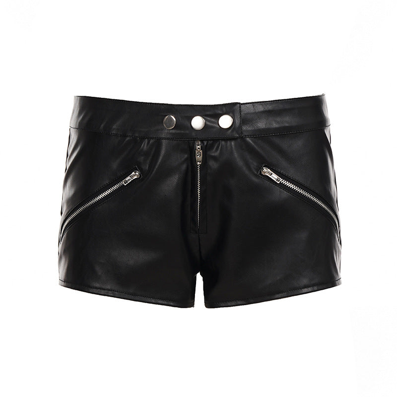 Damen Kunstleder-Shorts mit modischen Reißverschlüssen und figurbetontem Schnitt Drune