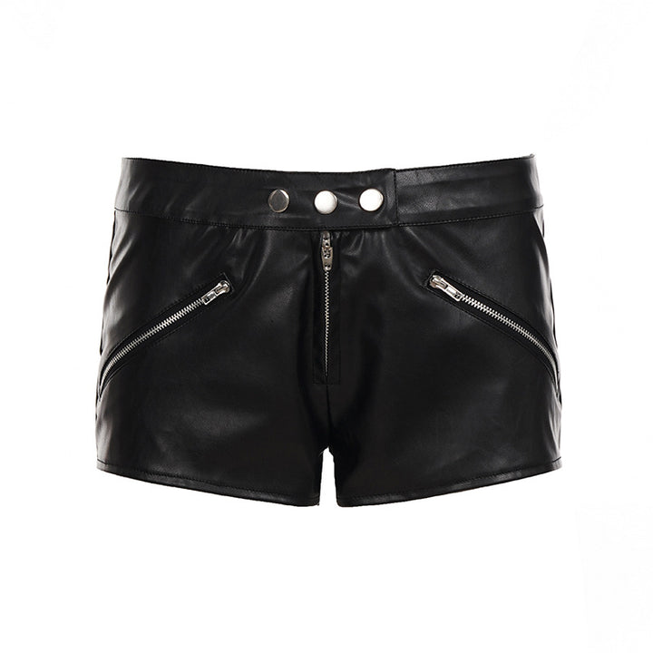 Damen Kunstleder-Shorts mit modischen Reißverschlüssen und figurbetontem Schnitt Drune