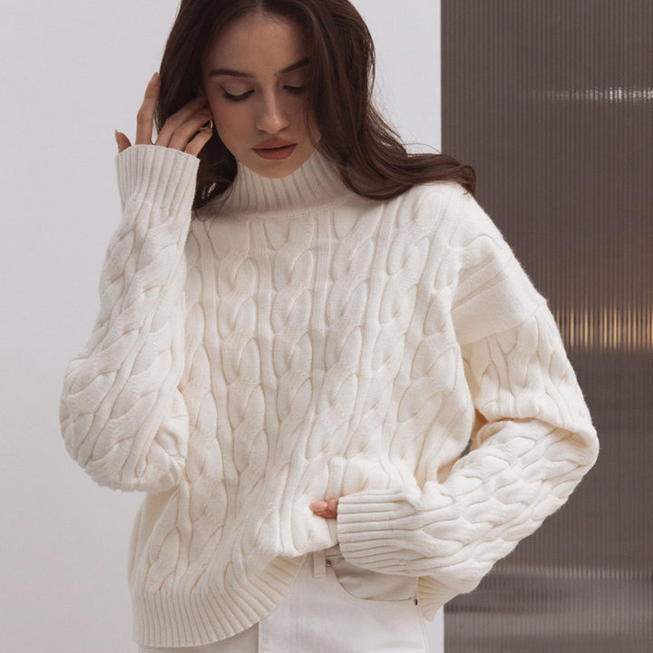 Damen Gemusterter Strickpullover mit hohem Kragen Drune