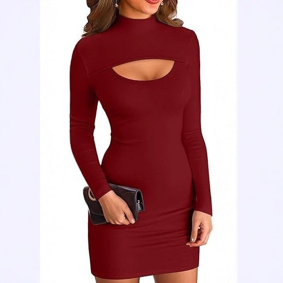 Damen figurbetontes Minikleid mit hochgeschlossenem Ausschnitt und Cut-Out Drune