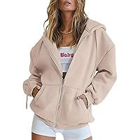 Damen nan Oversize-Kapuzenjacke mit durchgehendem Reißverschluss French-Terry, Kängurutaschen und elastischen Bündchen Drune