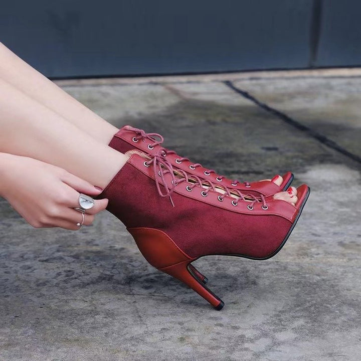 Damen Offene-Zehen Schnürstiefelette mit Wildleder-Optik und Stiletto-Absatz Drune