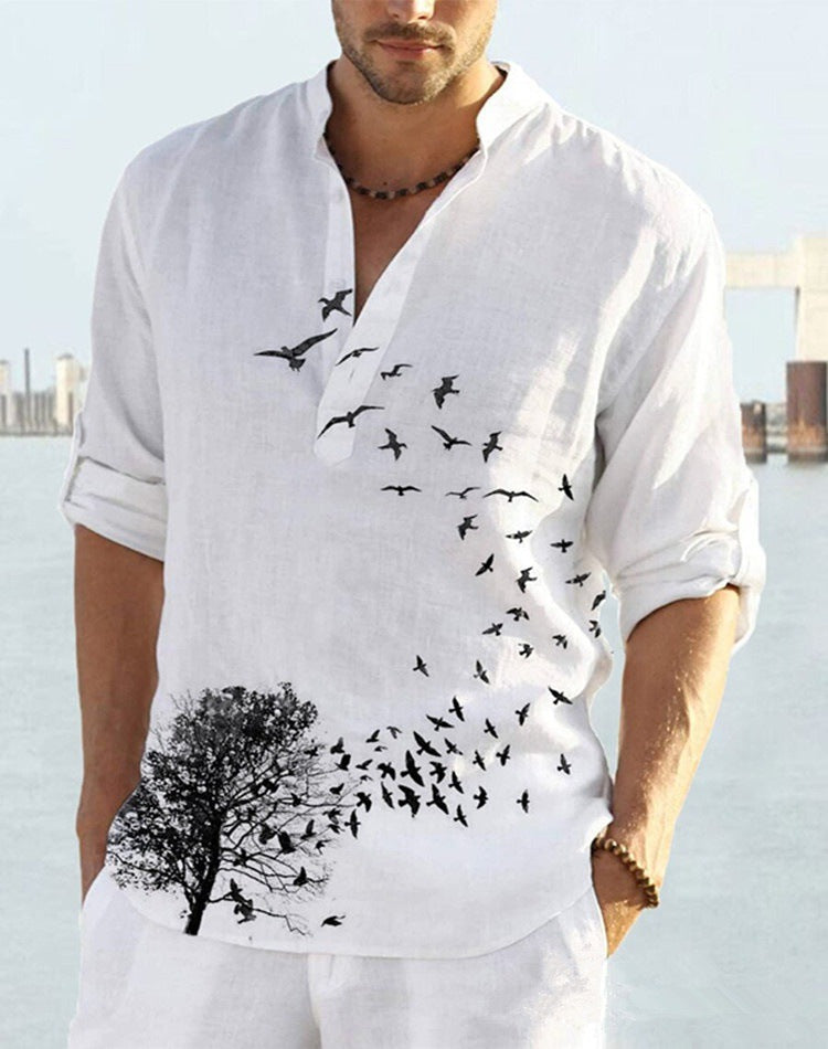 Herren Leinenhemd mit einzigartigem Federdesign und modischem Henley-Ausschnitt Drune