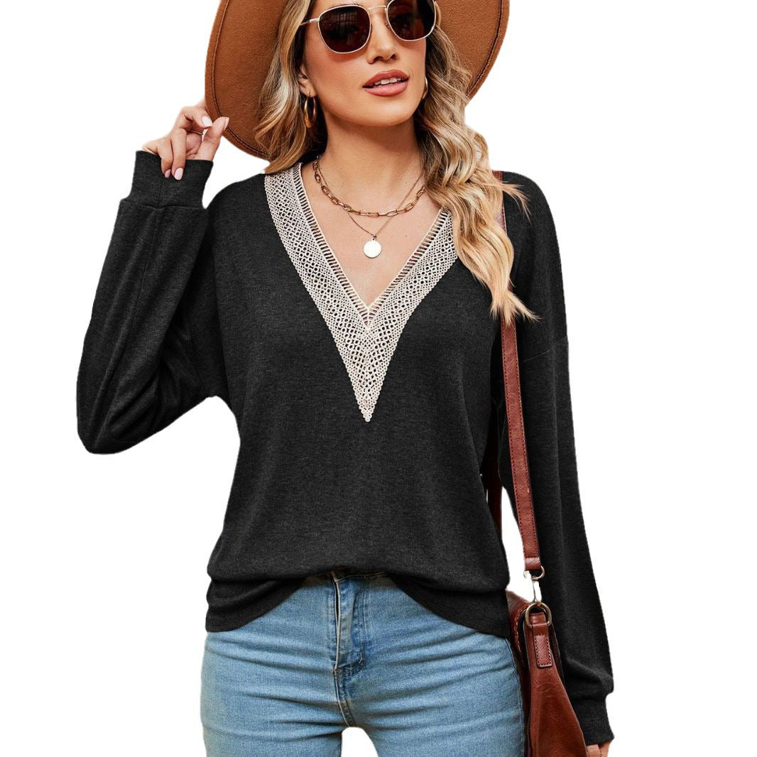 Damen V-Ausschnitt Pullover mit Spitzenakzenten und lässigem Schnitt Drune