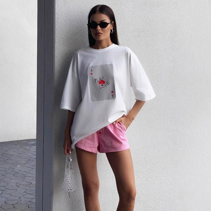 Damen Lässiges T-Shirt mit kreativem Kartenmotiv Drune