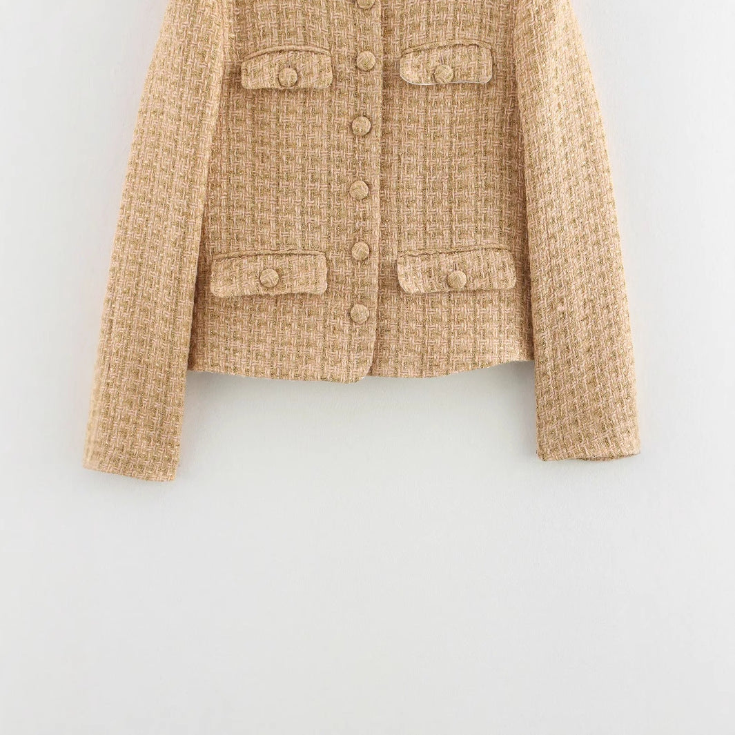 Damen elegante Bouclejacke mit goldenen Knöpfen und aufgesetzten Taschen Drune