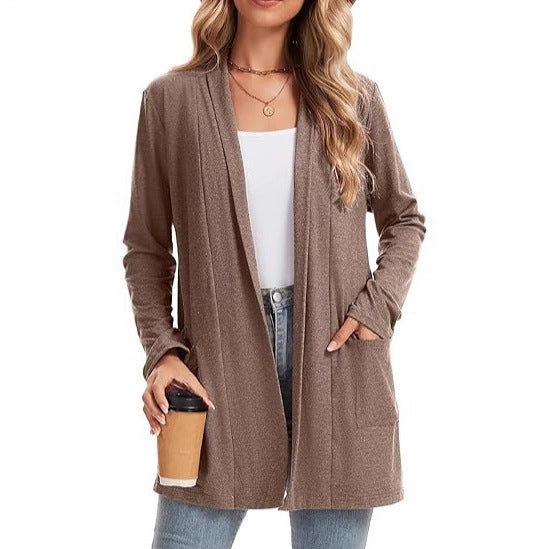Damen lässiger Langarm-Cardigan mit offenen Front und Taschen Drune