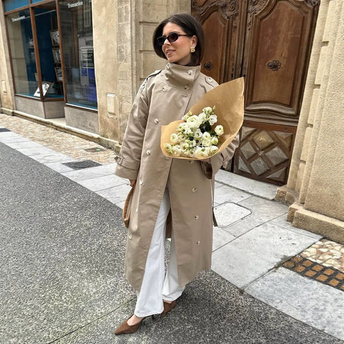 Damen Maxi-Trenchcoat mit hohem Stehkragen, doppelreihiger Knopfleiste & Taillengürtel Drune