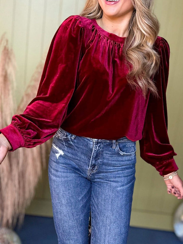 Damen Samtbluse mit Ballonärmeln und gerafftem Stehkragen Drune
