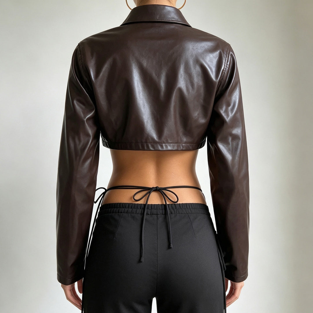 Damen Kurzgeschnittene Lederjacke im Bikerstil mit Hemdkragen und aufgesetzter Brusttasche Drune