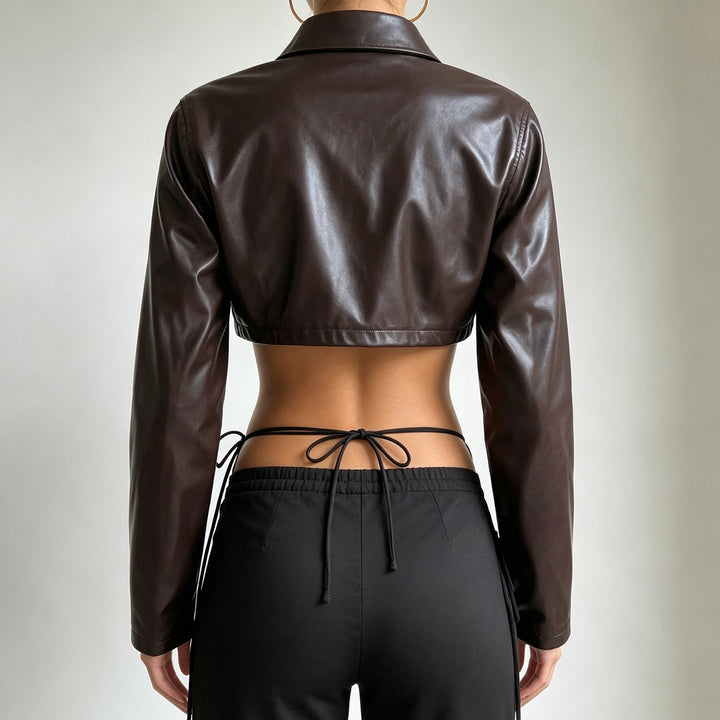 Damen Kurzgeschnittene Lederjacke im Bikerstil mit Hemdkragen und aufgesetzter Brusttasche Drune