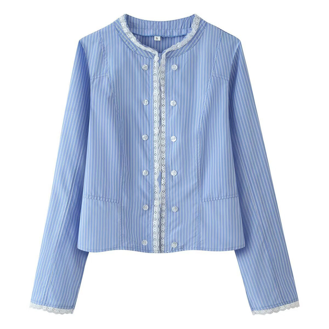 Damen Cropped Blusenjacke mit zweireihiger Knopfleiste und Spitzenbordüren Drune
