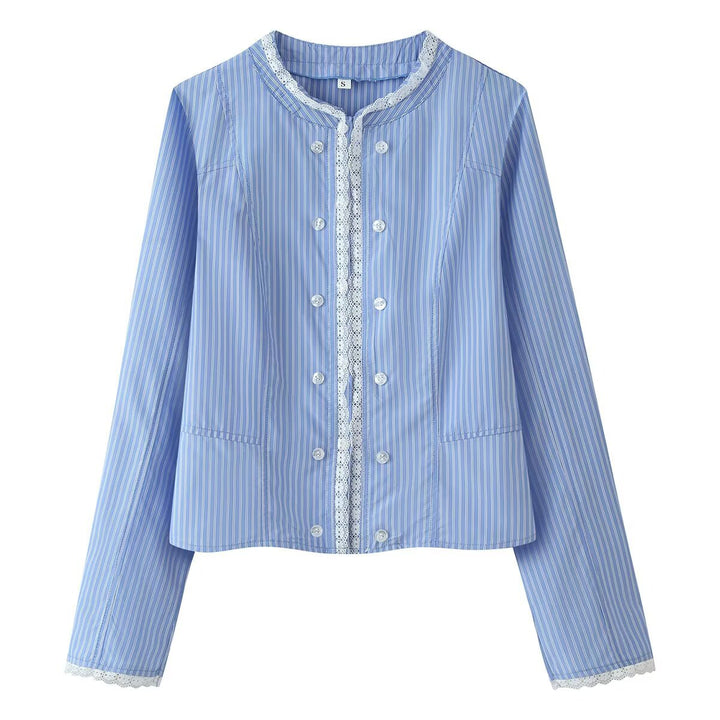 Damen Cropped Blusenjacke mit zweireihiger Knopfleiste und Spitzenbordüren Drune