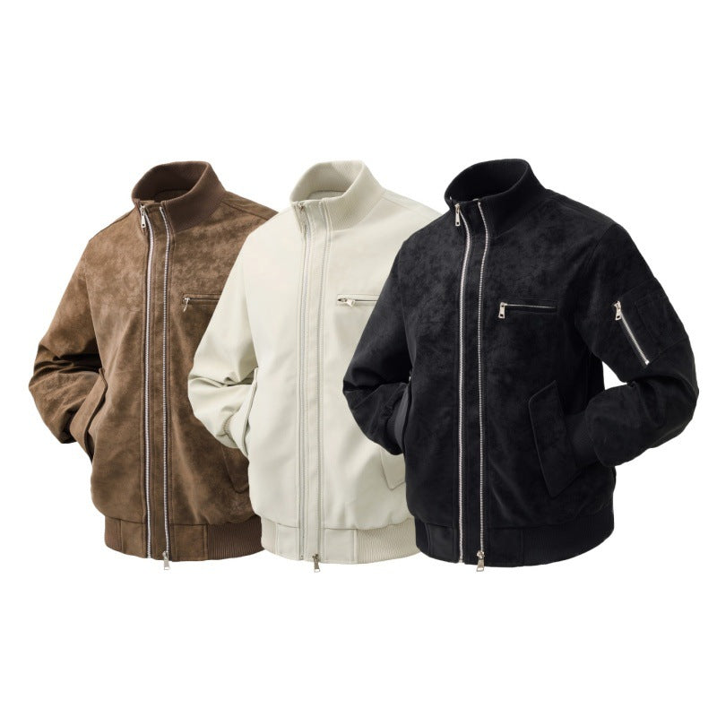 Herren Veloursleder-Optik Bomberjacke mit zweiwege-reißverschluss, Ärmel-Tasche und elastischen Rippenbündchen Drune