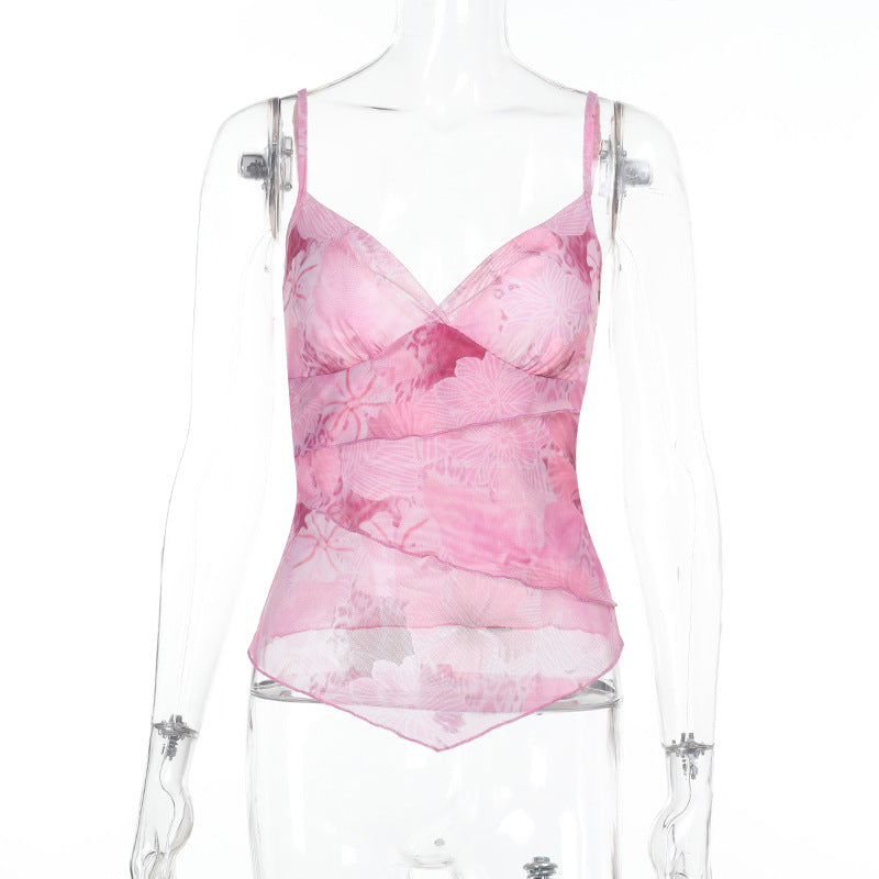 Damen Seidiges Spaghetti-Trägertop mit floralem Design Drune
