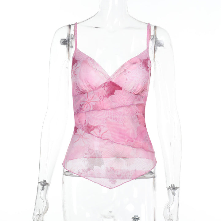 Damen Seidiges Spaghetti-Trägertop mit floralem Design Drune