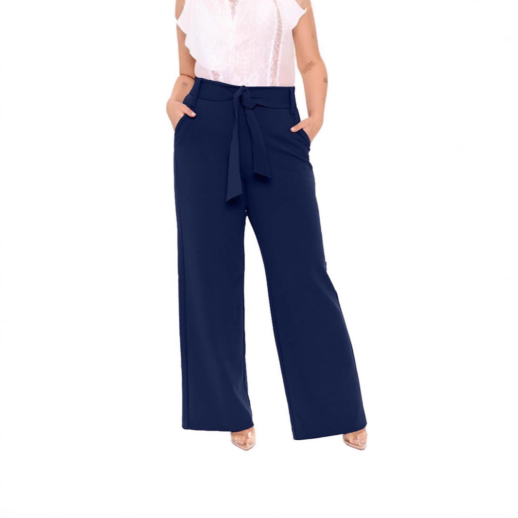 Damen elegante weit geschnittene Hose mit Bindegürtel und praktischen Taschen Drune