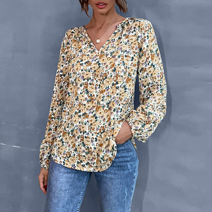 Damen Leichte V-Ausschnitt Blumenbluse mit Ballonärmeln Drune