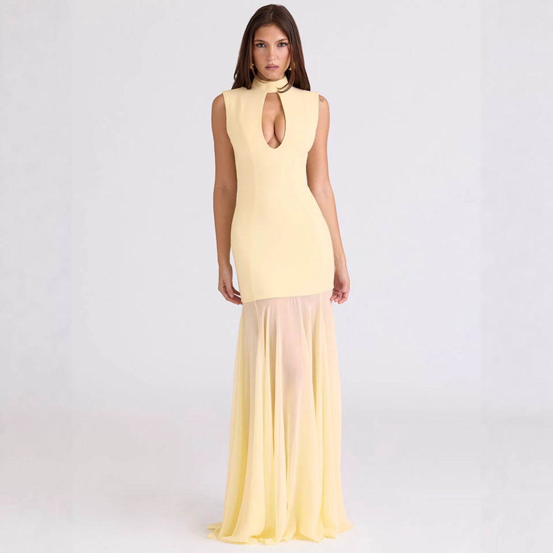 Damen Elegantes Kleid mit hohen Kragen und Schlitz Drune