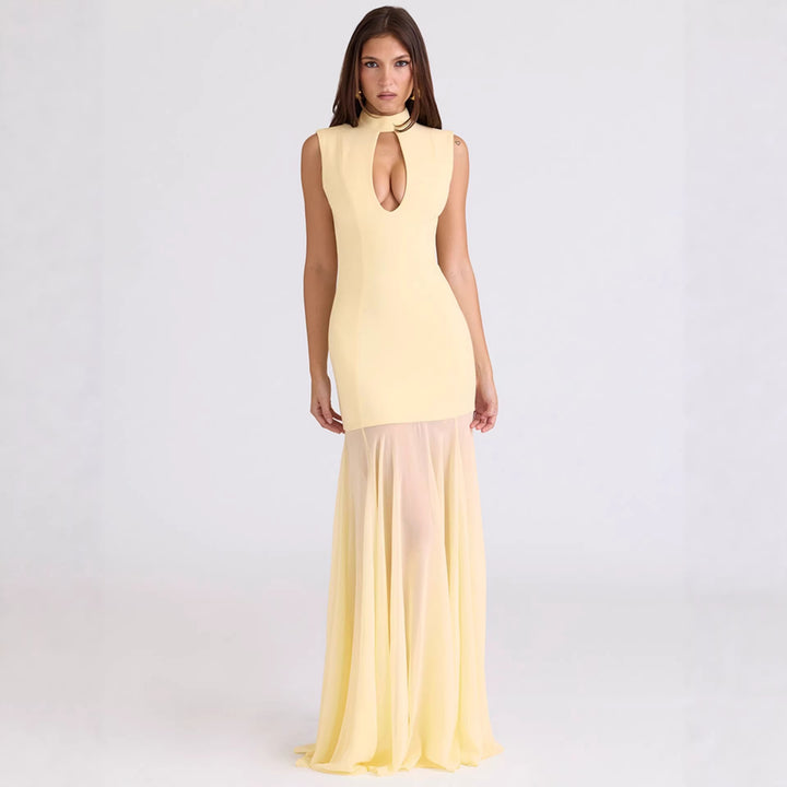 Damen Elegantes Kleid mit hohen Kragen und Schlitz Drune