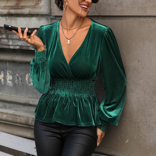 Damen Samtbluse mit V-Ausschnitt, geraffter Smock-Taille und Peplum Drune