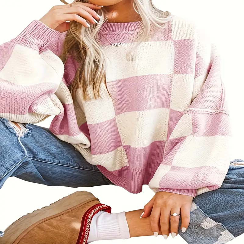 Damen lässiger pullover mit Karo-Muster und weiten Ärmeln Drune