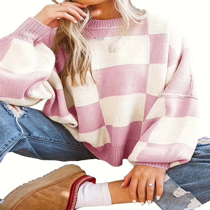 Damen lässiger pullover mit Karo-Muster und weiten Ärmeln Drune