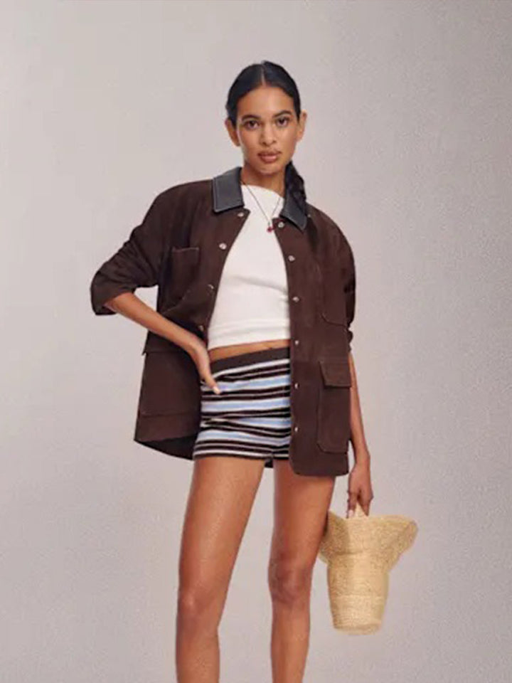 Damen Oversize-Utility-Jacke aus Veloursleder‑Optik mit Kontrastkragen & aufgesetzten Pattentaschen Drune